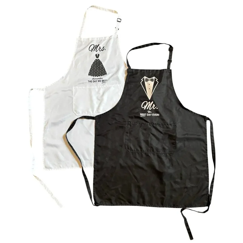 Set of Mr. and Mrs. Aprons Black White Newlywed Engagement Gift One Size